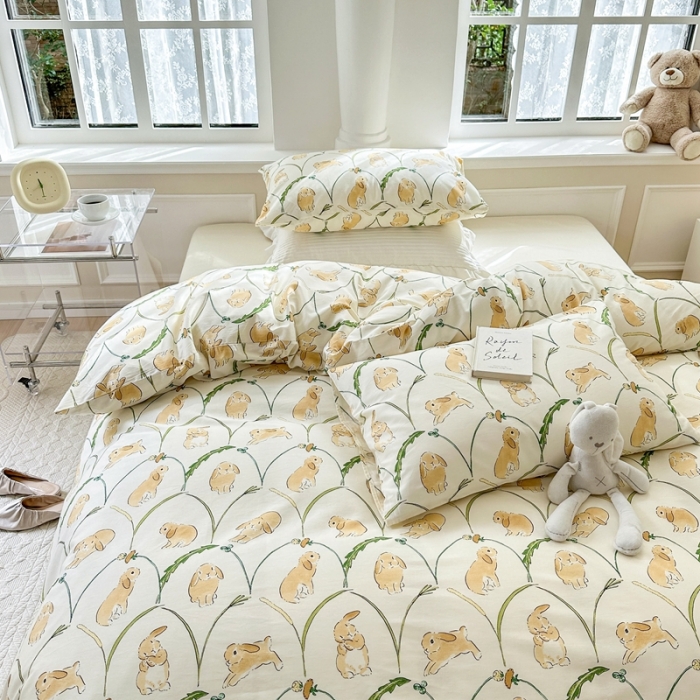 91家纺网 家纺一手货源 找家纺 柚子 2023新款13372精梳棉浪漫系列四件套 麦穗兔