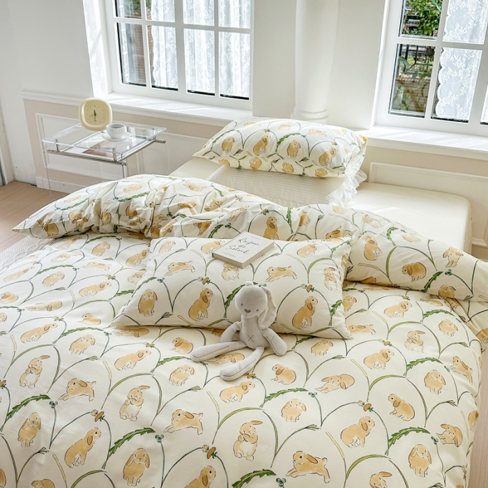 91家纺网 家纺一手货源 找家纺 柚子 2023新款13372精梳棉浪漫系列四件套 麦穗兔