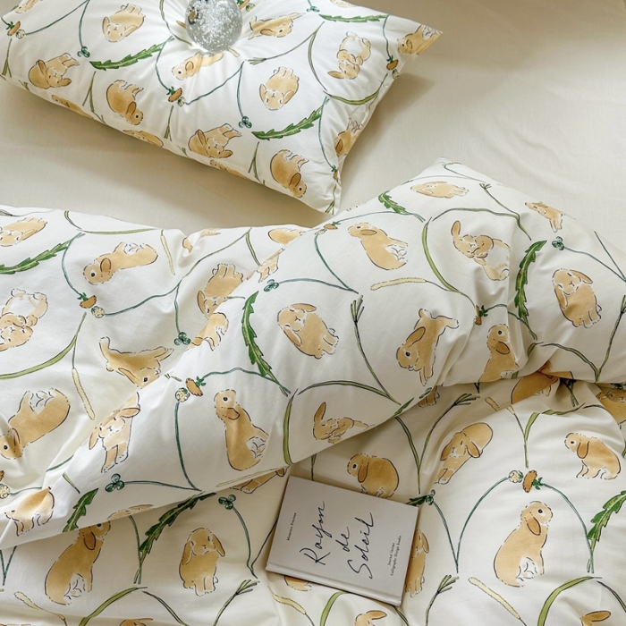 91家纺网 家纺一手货源 找家纺 柚子 2023新款13372精梳棉浪漫系列四件套 麦穗兔