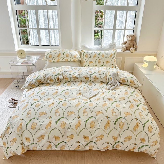 91家纺网 家纺一手货源 找家纺 柚子 2023新款13372精梳棉浪漫系列四件套 麦穗兔