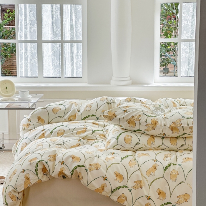 91家纺网 家纺一手货源 找家纺 柚子 2023新款13372精梳棉浪漫系列四件套 麦穗兔