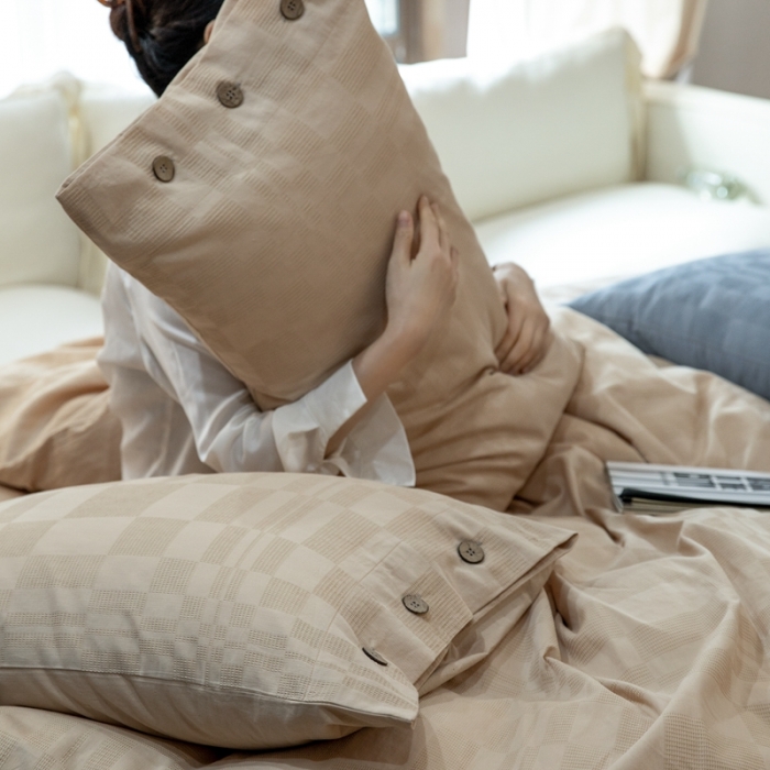 91家纺网 家纺一手货源 找家纺 （总）棉邦 2023新款40支华夫格大提花纽扣款四件套