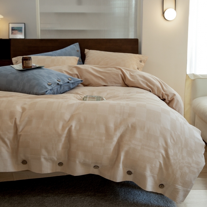 91家纺网 家纺一手货源 找家纺 棉邦 2023新款40支华夫格大提花纽扣款四件套 卡其