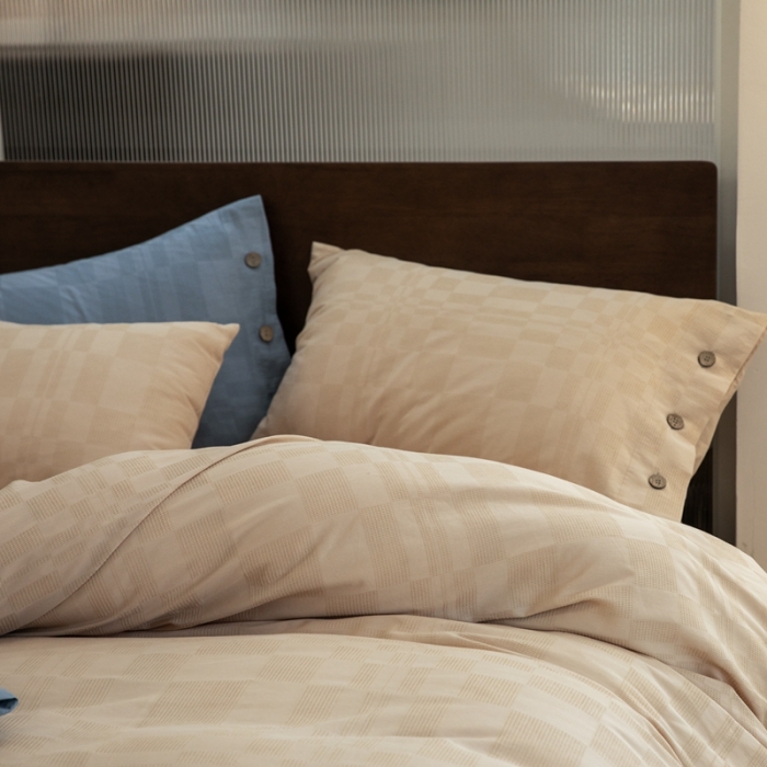 91家纺网 家纺一手货源 找家纺 棉邦 2023新款40支华夫格大提花纽扣款四件套 卡其