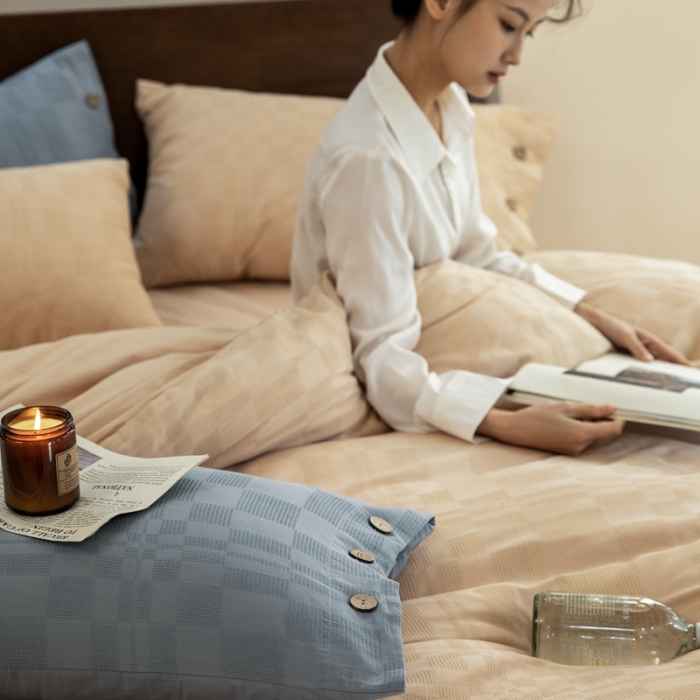 91家纺网 家纺一手货源 找家纺 棉邦 2023新款40支华夫格大提花纽扣款四件套 卡其