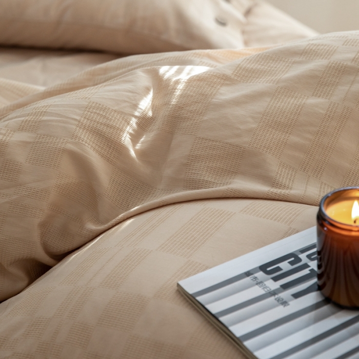 91家纺网 家纺一手货源 找家纺 棉邦 2023新款40支华夫格大提花纽扣款四件套 卡其