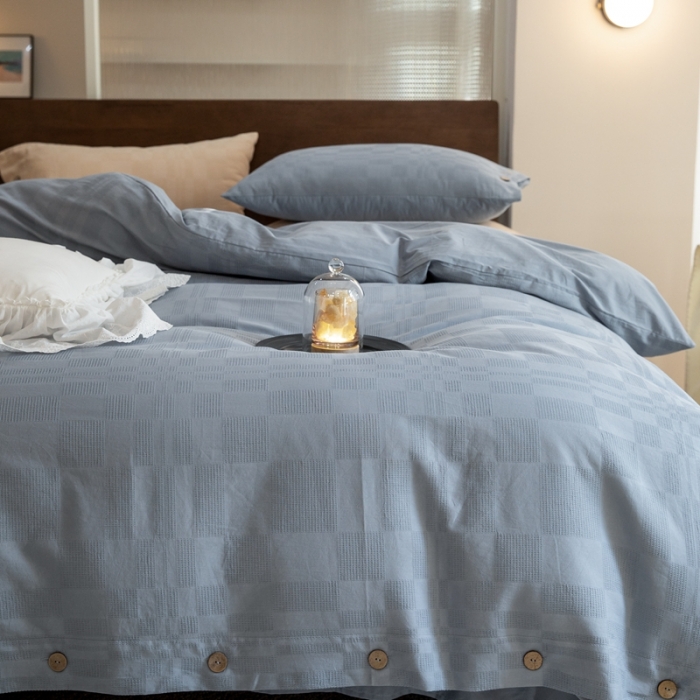 91家纺网 家纺一手货源 找家纺 棉邦 2023新款40支华夫格大提花纽扣款四件套 蓝灰