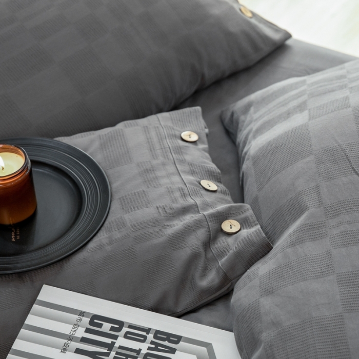 91家纺网 家纺一手货源 找家纺 棉邦 2023新款40支华夫格大提花纽扣款四件套 深灰