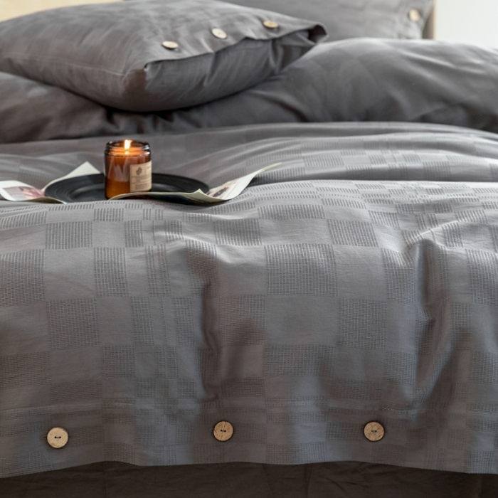 91家纺网 家纺一手货源 找家纺 棉邦 2023新款40支华夫格大提花纽扣款四件套 深灰