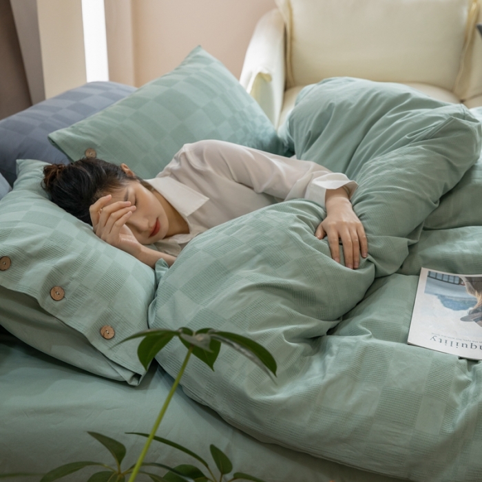 91家纺网 家纺一手货源 找家纺 棉邦 2023新款40支华夫格大提花纽扣款四件套 水绿