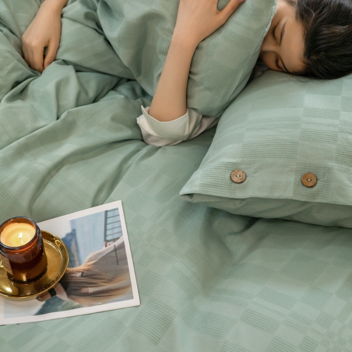 91家纺网 家纺一手货源 找家纺 棉邦 2023新款40支华夫格大提花纽扣款四件套 水绿