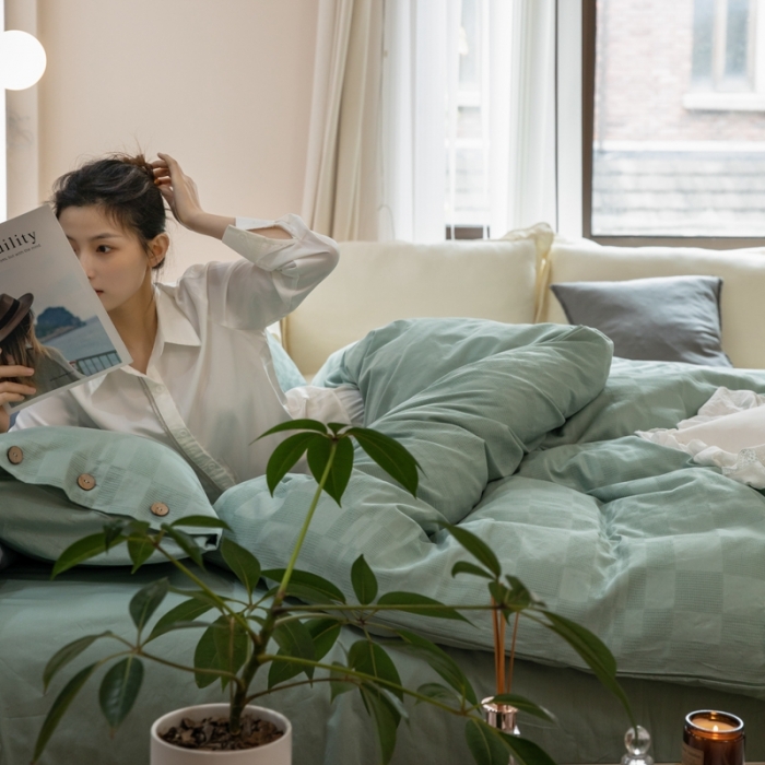 91家纺网 家纺一手货源 找家纺 棉邦 2023新款40支华夫格大提花纽扣款四件套 水绿