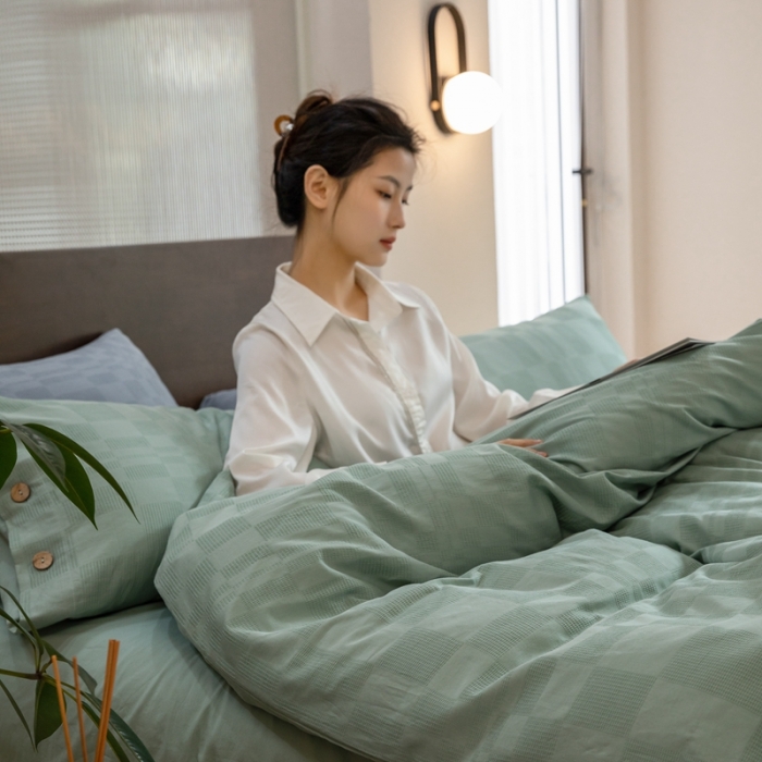 91家纺网 家纺一手货源 找家纺 棉邦 2023新款40支华夫格大提花纽扣款四件套 水绿