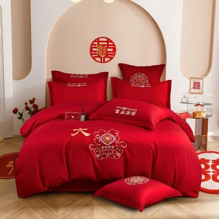 91家纺网 家纺一手货源 找家纺 2025新款亲肤棉刺绣绣花婚庆四件套 大喜