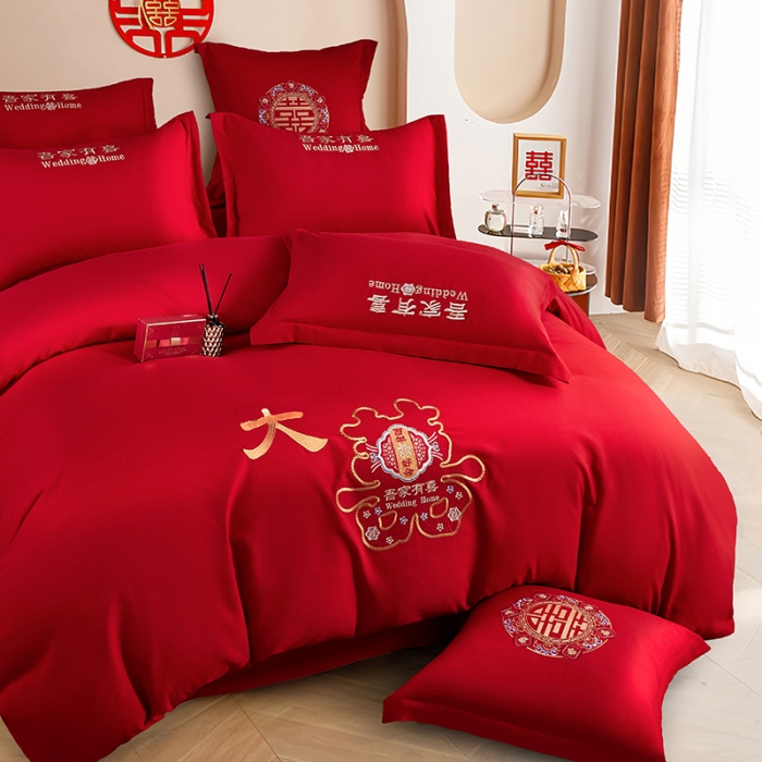 91家纺网 家纺一手货源 找家纺 2025新款亲肤棉刺绣绣花婚庆四件套 大喜