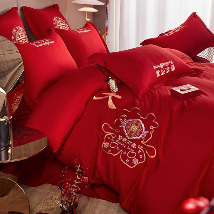 91家纺网 家纺一手货源 找家纺 2025新款亲肤棉刺绣绣花婚庆四件套 大喜