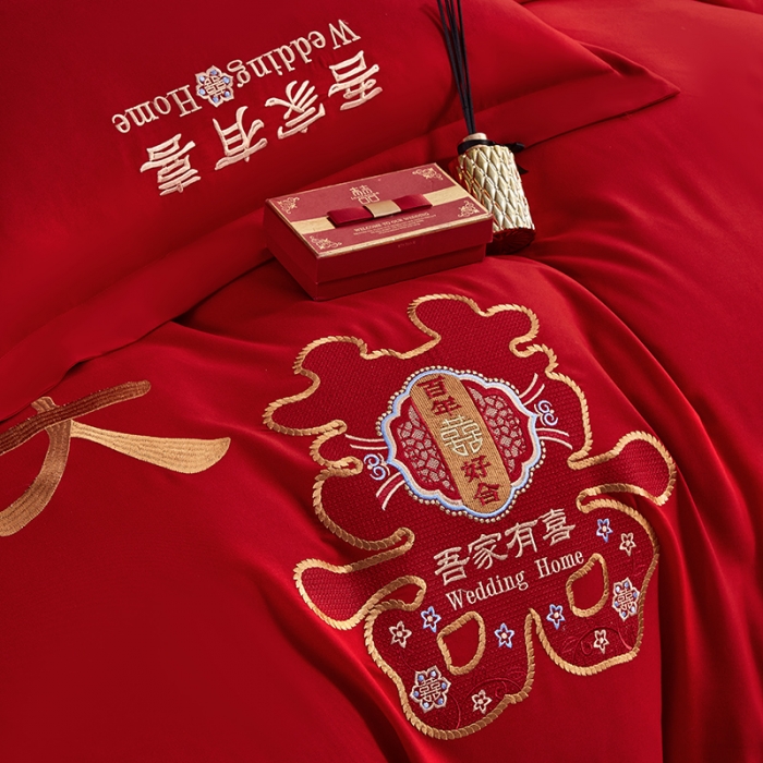 91家纺网 家纺一手货源 找家纺 2025新款亲肤棉刺绣绣花婚庆四件套 大喜