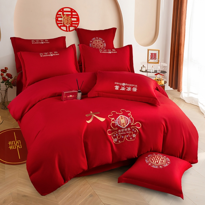 91家纺网 家纺一手货源 找家纺 2025新款亲肤棉刺绣绣花婚庆四件套 大喜