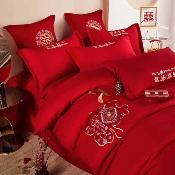 91家纺网 家纺一手货源 找家纺 2025新款亲肤棉刺绣绣花婚庆四件套 大喜