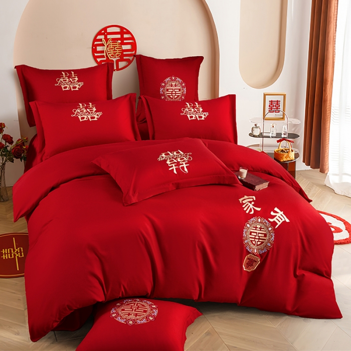 91家纺网 家纺一手货源 找家纺 2025新款亲肤棉刺绣绣花婚庆四件套 家有喜事