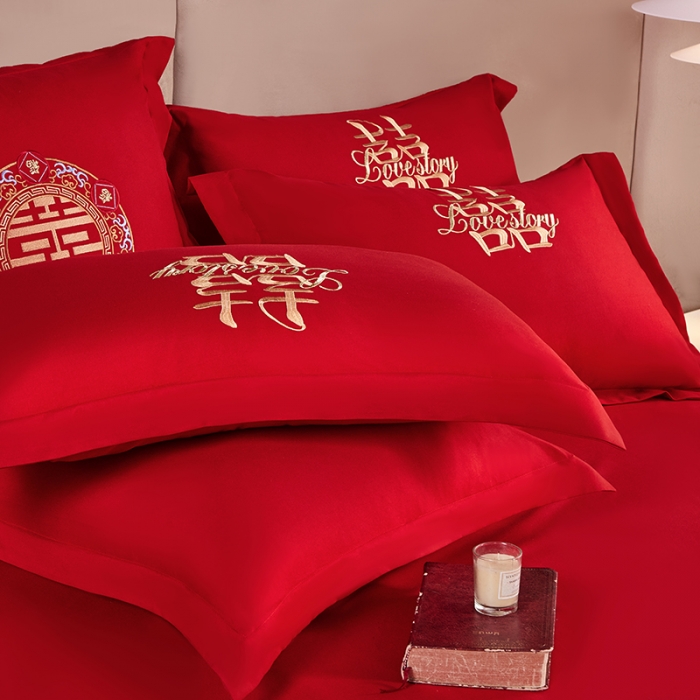 91家纺网 家纺一手货源 找家纺 2025新款亲肤棉刺绣绣花婚庆四件套 家有喜事