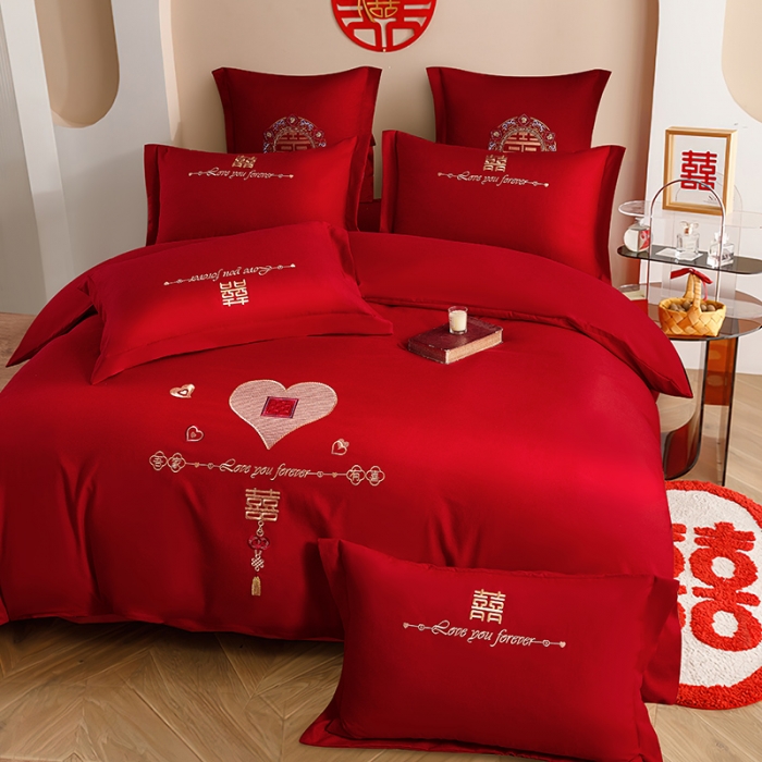 91家纺网 家纺一手货源 找家纺 2025新款亲肤棉刺绣绣花婚庆四件套 唯 一