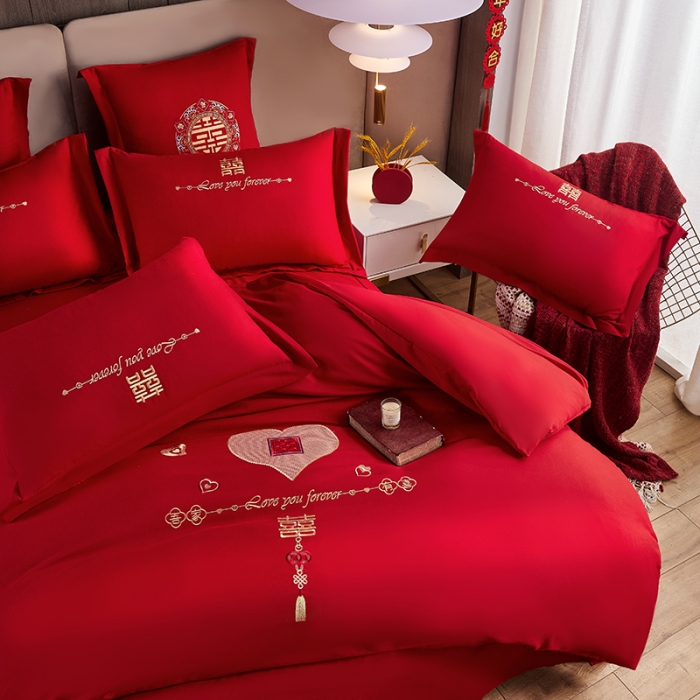 91家纺网 家纺一手货源 找家纺 2025新款亲肤棉刺绣绣花婚庆四件套 唯 一