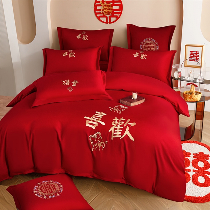 91家纺网 家纺一手货源 找家纺 2025新款亲肤棉刺绣绣花婚庆四件套 喜欢