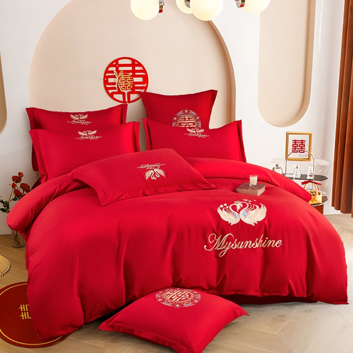 91家纺网 家纺一手货源 找家纺 2025新款亲肤棉刺绣绣花婚庆四件套 相恋