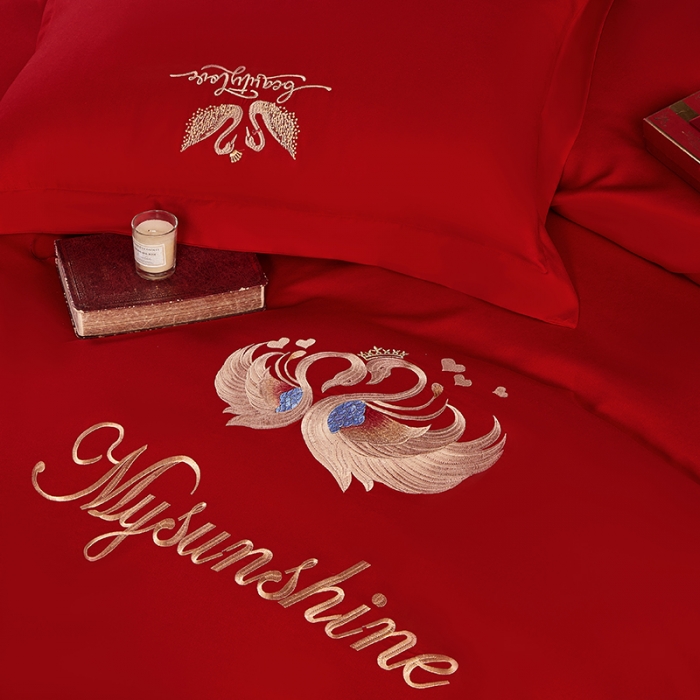 91家纺网 家纺一手货源 找家纺 2025新款亲肤棉刺绣绣花婚庆四件套 相恋