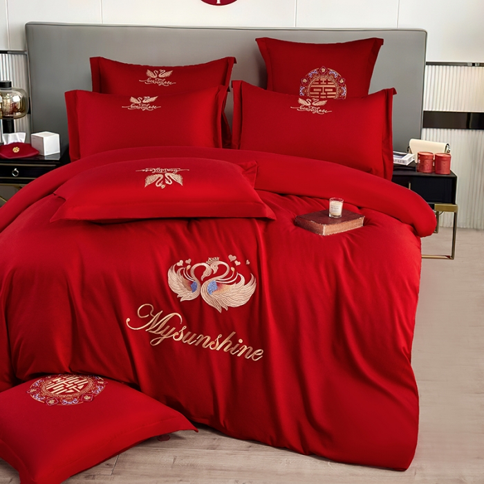 91家纺网 家纺一手货源 找家纺 2025新款亲肤棉刺绣绣花婚庆四件套 相恋