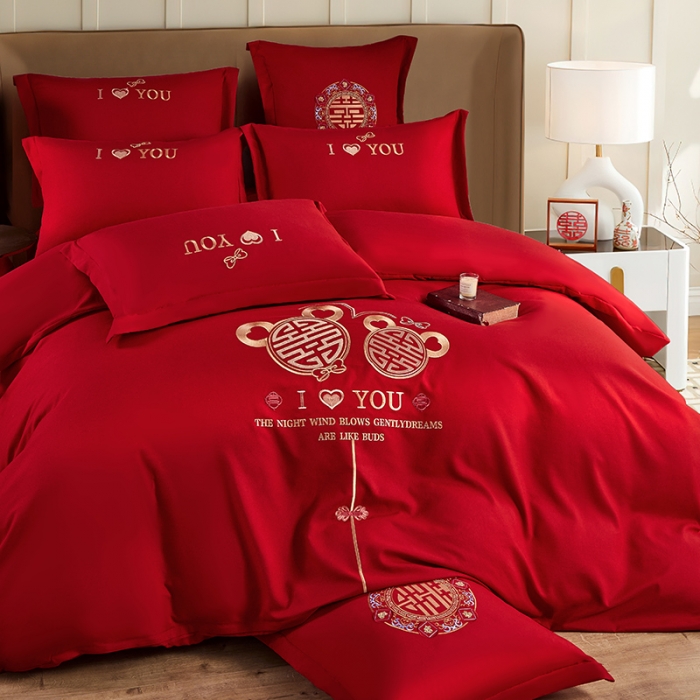 91家纺网 家纺一手货源 找家纺 2025新款亲肤棉刺绣绣花婚庆四件套 心中有你