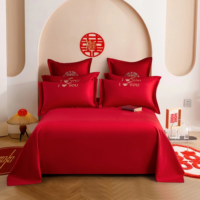 91家纺网 家纺一手货源 找家纺 2025新款亲肤棉刺绣绣花婚庆四件套 心中有你