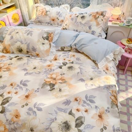 91家纺网 家纺一手货源 找家纺 （总）蓝邻 2023新款全棉印花韩版花边款四件套