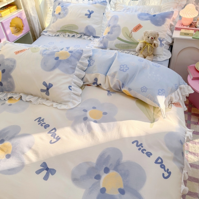 91家纺网 家纺一手货源 找家纺 蓝邻 2023新款全棉印花韩版花边款四件套 菲菲庄园