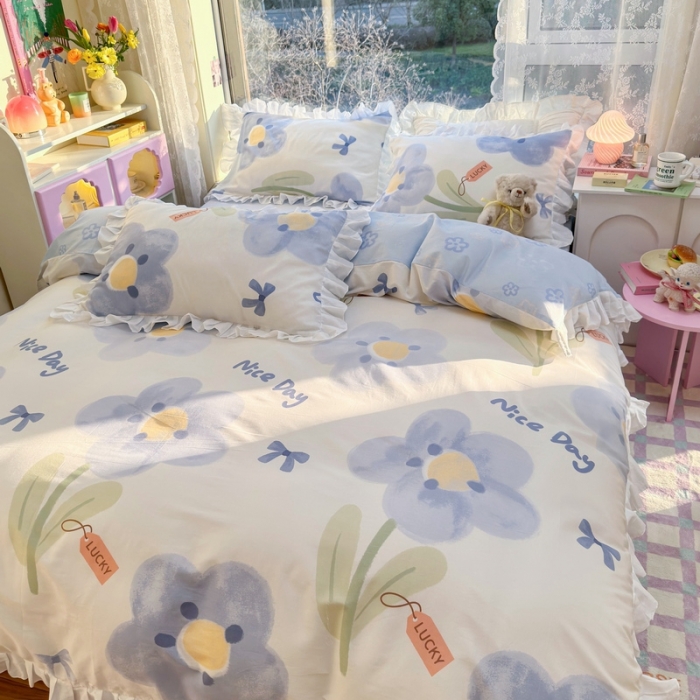 91家纺网 家纺一手货源 找家纺 蓝邻 2023新款全棉印花韩版花边款四件套 菲菲庄园