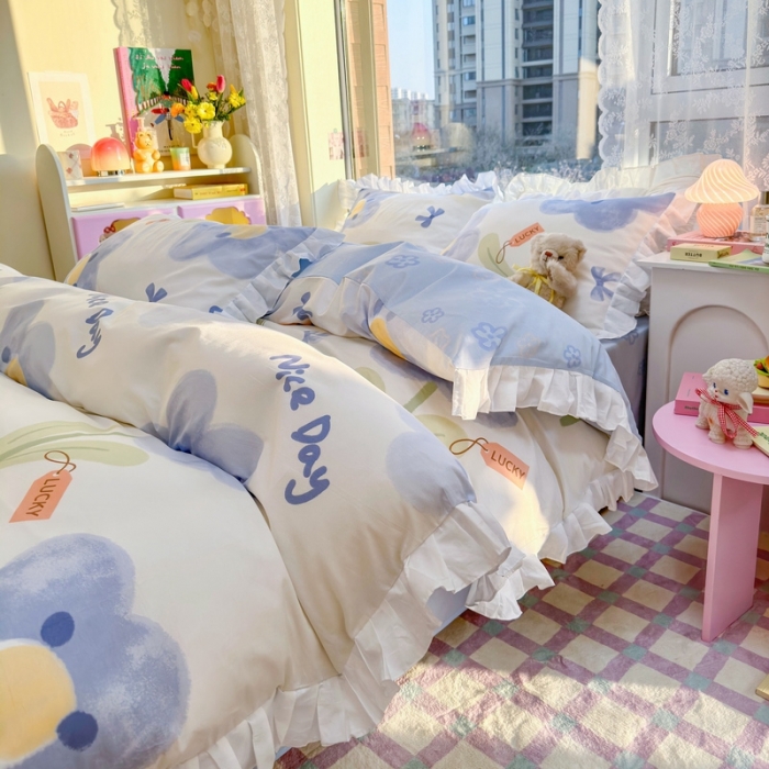 91家纺网 家纺一手货源 找家纺 蓝邻 2023新款全棉印花韩版花边款四件套 菲菲庄园