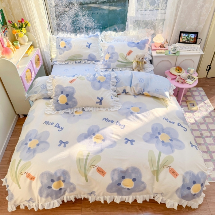 91家纺网 家纺一手货源 找家纺 蓝邻 2023新款全棉印花韩版花边款四件套 菲菲庄园