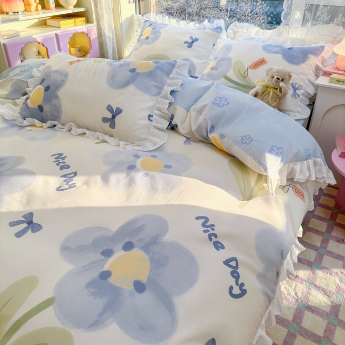 91家纺网 家纺一手货源 找家纺 蓝邻 2023新款全棉印花韩版花边款四件套 菲菲庄园