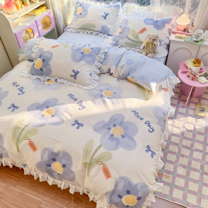 91家纺网 家纺一手货源 找家纺 蓝邻 2023新款全棉印花韩版花边款四件套 菲菲庄园