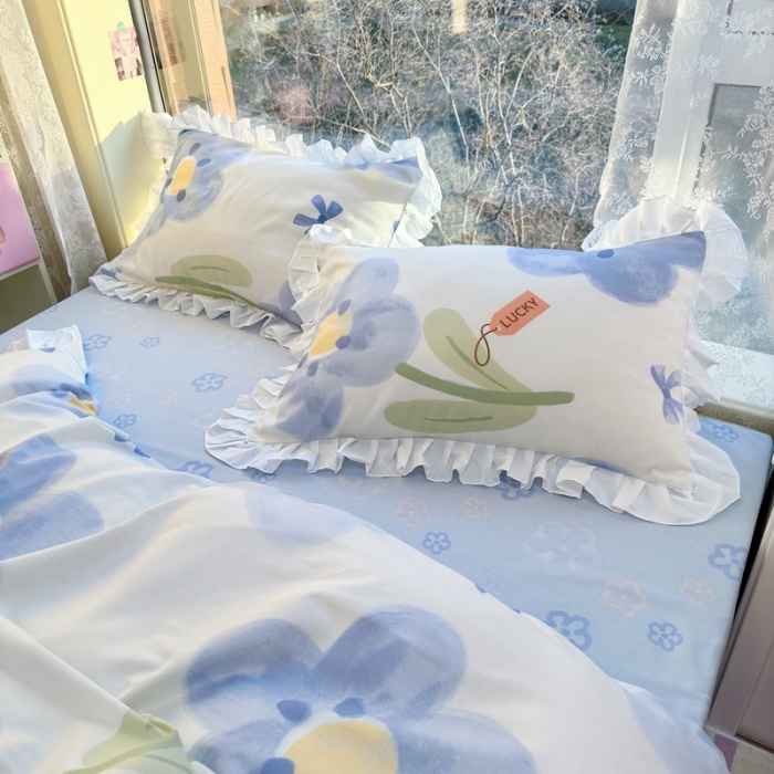 91家纺网 家纺一手货源 找家纺 蓝邻 2023新款全棉印花韩版花边款四件套 菲菲庄园