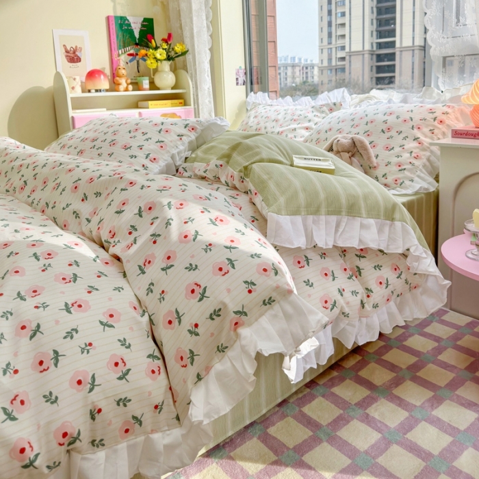 91家纺网 家纺一手货源 找家纺 蓝邻 2023新款全棉印花韩版花边款四件套 锦簇心语