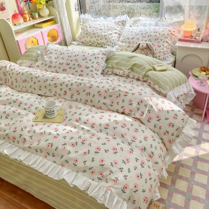 91家纺网 家纺一手货源 找家纺 蓝邻 2023新款全棉印花韩版花边款四件套 锦簇心语