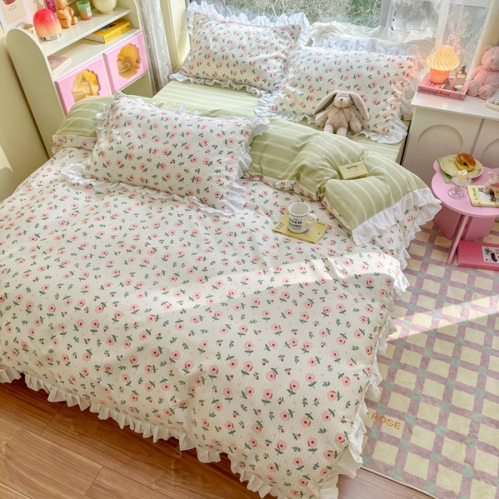 91家纺网 家纺一手货源 找家纺 蓝邻 2023新款全棉印花韩版花边款四件套 锦簇心语