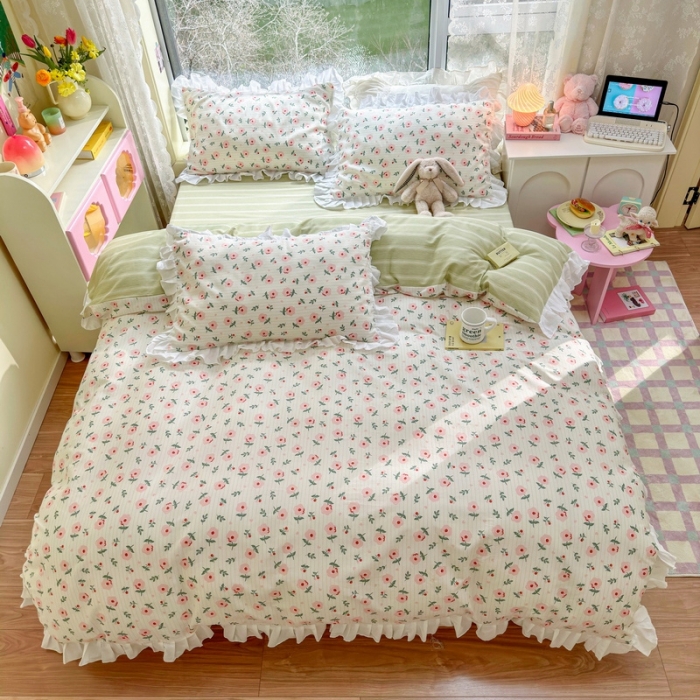 91家纺网 家纺一手货源 找家纺 蓝邻 2023新款全棉印花韩版花边款四件套 锦簇心语