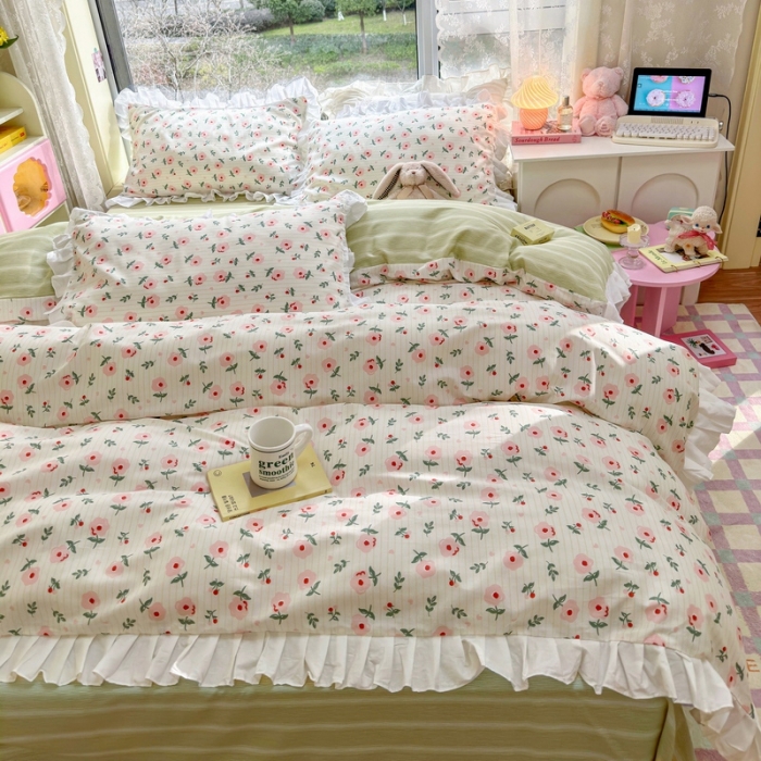 91家纺网 家纺一手货源 找家纺 蓝邻 2023新款全棉印花韩版花边款四件套 锦簇心语