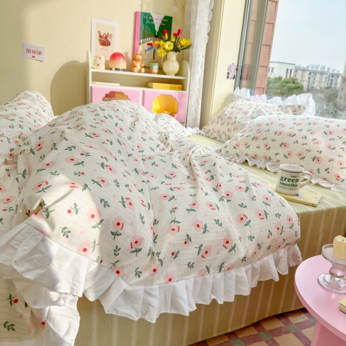 91家纺网 家纺一手货源 找家纺 蓝邻 2023新款全棉印花韩版花边款四件套 锦簇心语