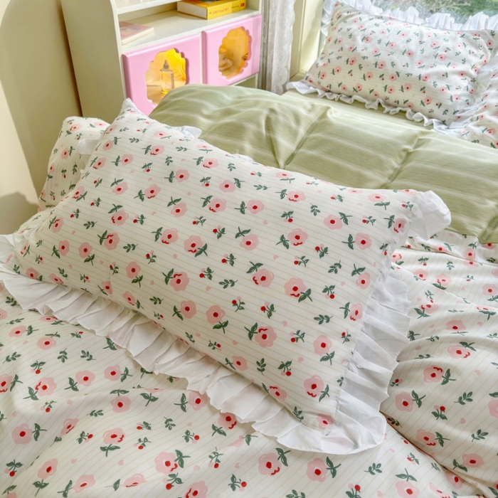 91家纺网 家纺一手货源 找家纺 蓝邻 2023新款全棉印花韩版花边款四件套 锦簇心语