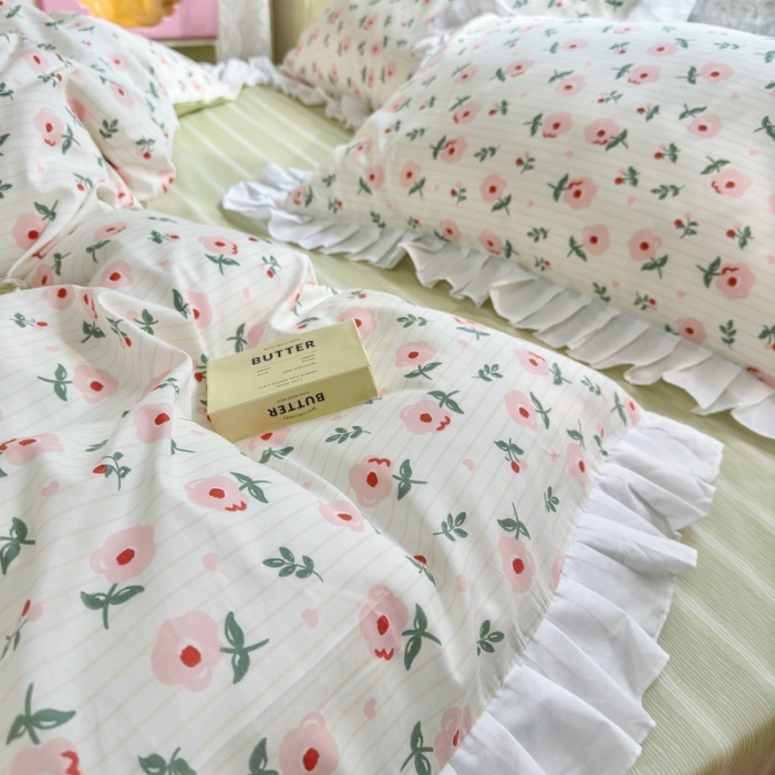 91家纺网 家纺一手货源 找家纺 蓝邻 2023新款全棉印花韩版花边款四件套 锦簇心语