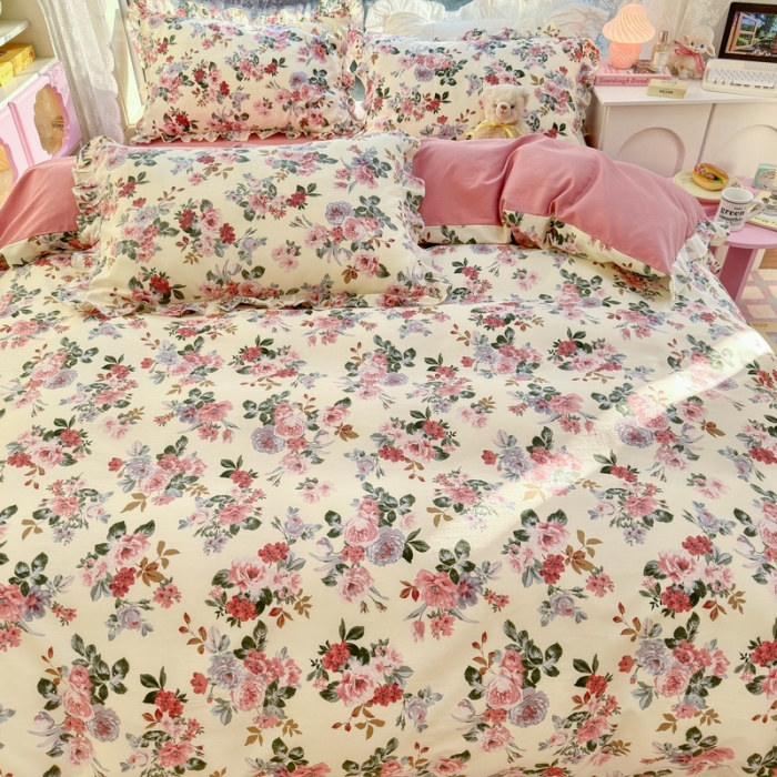 91家纺网 家纺一手货源 找家纺 蓝邻 2023新款全棉印花韩版花边款四件套 满园芳华
